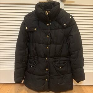 J. Crew Black Puffer Coat with Gold Accents